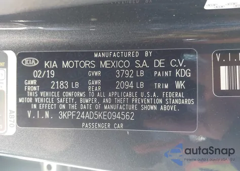 2019 Kia Forte Lxs из США, поврежденный, VIN 3KPF24AD5KE094562